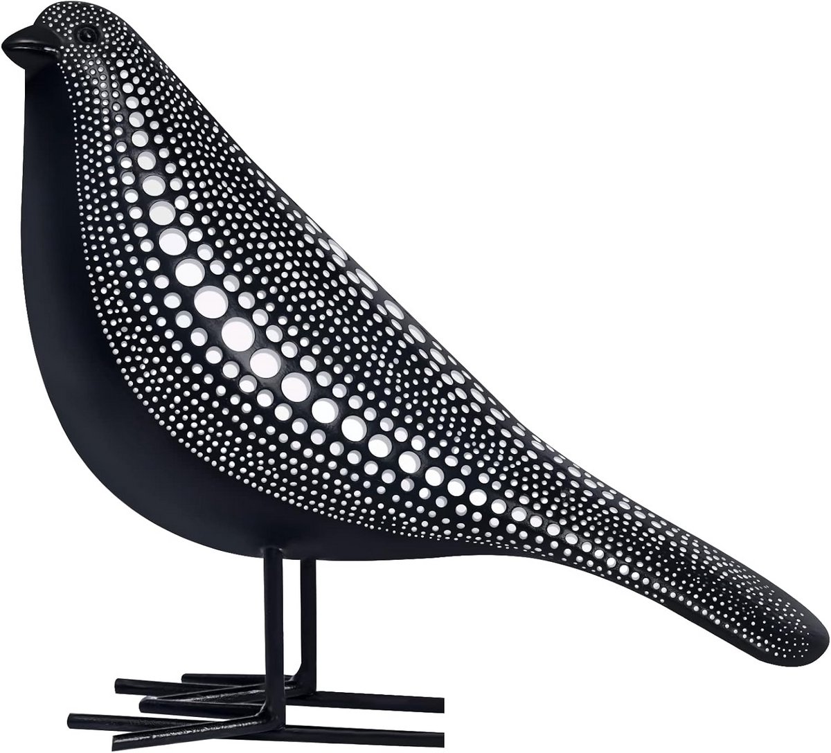 Vogel Beeldje - Hars Sculptuur - Woonkamer Decoratie - Stippen Textuur - 19.99 x 8 x 16 cm - Zwart