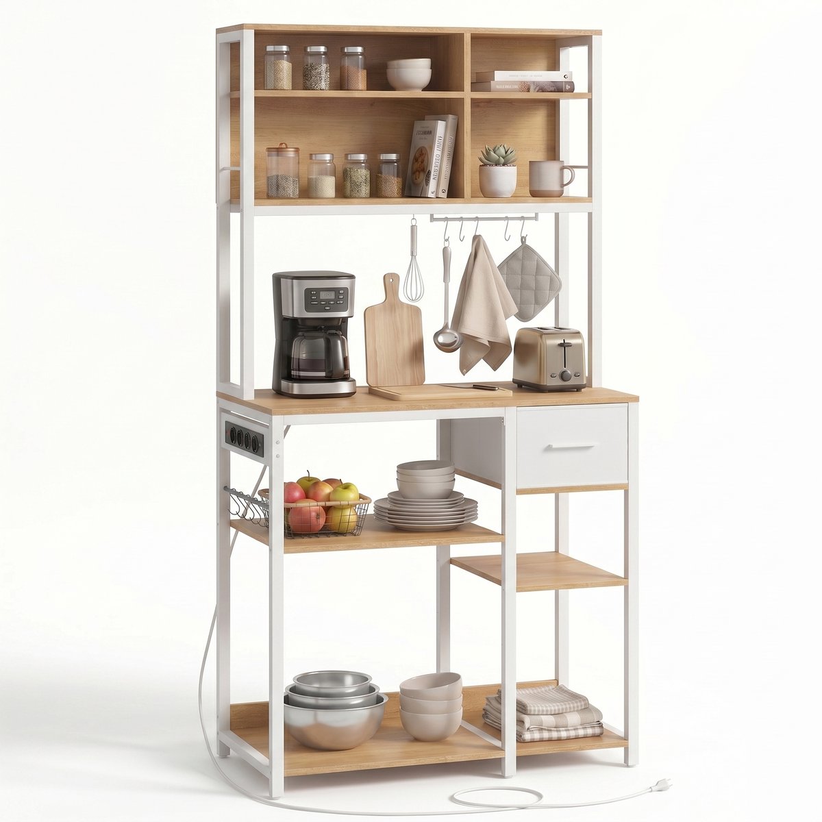 Aiverig® Keukenkast voor Magnetron – Magnetronkast & Keukenrek met Stopcontacten – Industriële Opbergkast met Stoffen Lade, 12 S-Haken & Verstelbare Planken – Voor Koffiemachine & Keukenapparatuur – Licht Hout & Wit – 80×40×180 CM