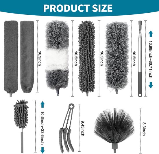 Telescoop Stofdoek Set - Uitschuifbare Plumeau - Hoge Oppervlakken Reinigen - 12 Delige Kit - Tot 245 cm - Zwart — afbeelding 3