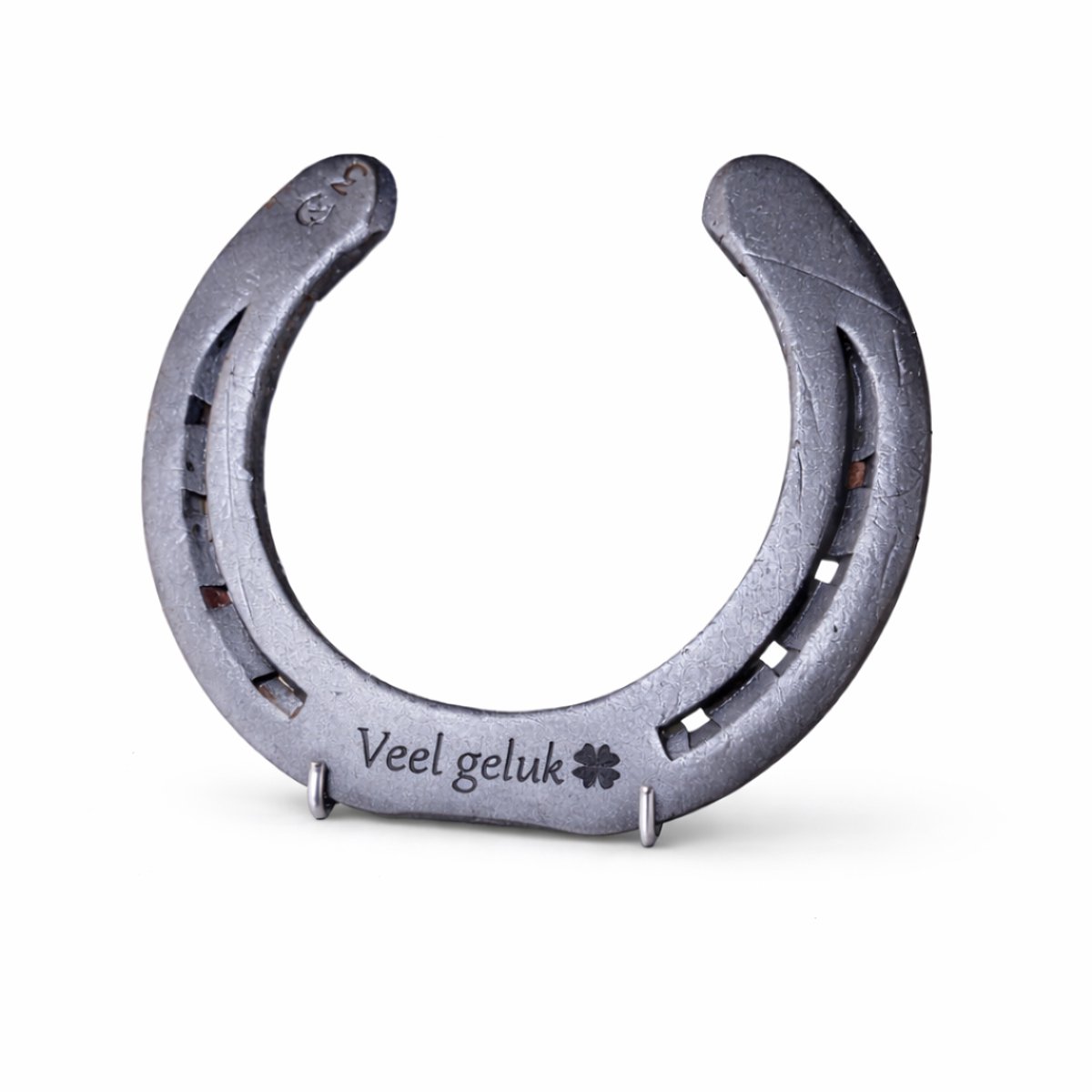 Hoefijzergeschenk.nl - Hoefijzer 'Veel geluk' - Geluksbrenger - Zilver - IJzer- Met klavertje vier - 15 x 15 cm