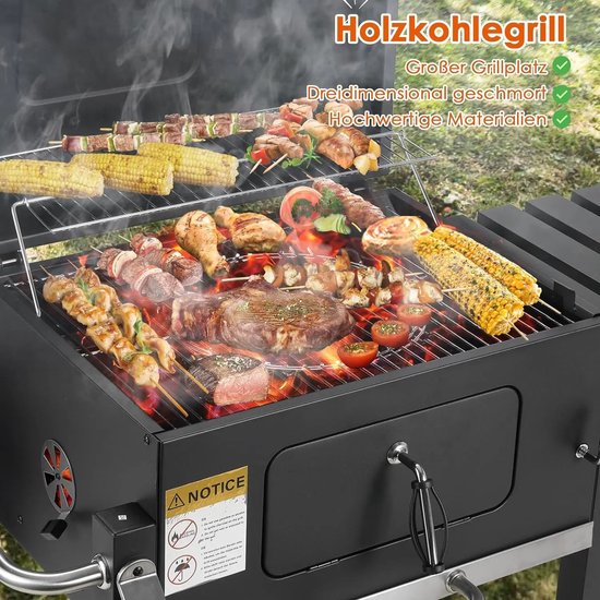 ITRONIQ Houtskool Barbecue Met Deksel en Thermometer - Verrijdbare BBQ Met Verstelbaar Kolenrooster - Zijtafel - Aslade - Zwart — afbeelding 3