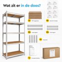 Inhoud van de doos: stellingkast met 5 MDF-planken, 8 beschermvoetjes, 10 lange liggers, 10 korte liggers, 4 staanders en handleiding.