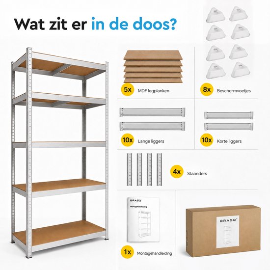 Inhoud van de doos: stellingkast met 5 MDF-planken, 8 beschermvoetjes, 10 lange liggers, 10 korte liggers, 4 staanders en handleiding.