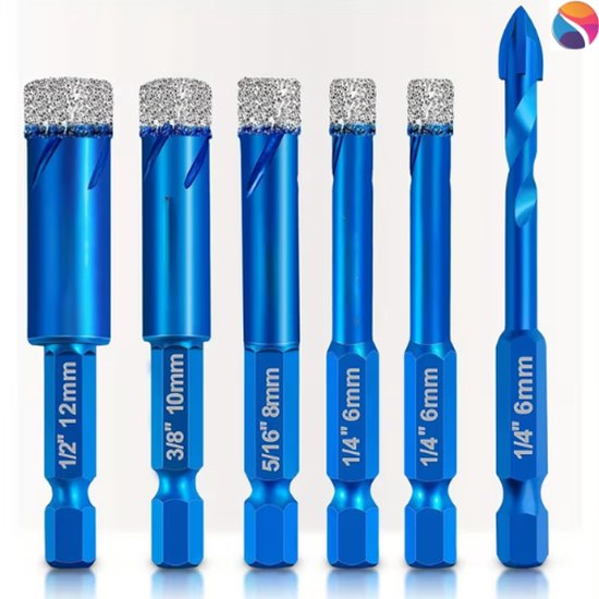 Zes blauwe boren met diamant coating. Maten variëren van 6mm tot 12mm. Twee boren hebben een platte kop, vier een puntige kop.