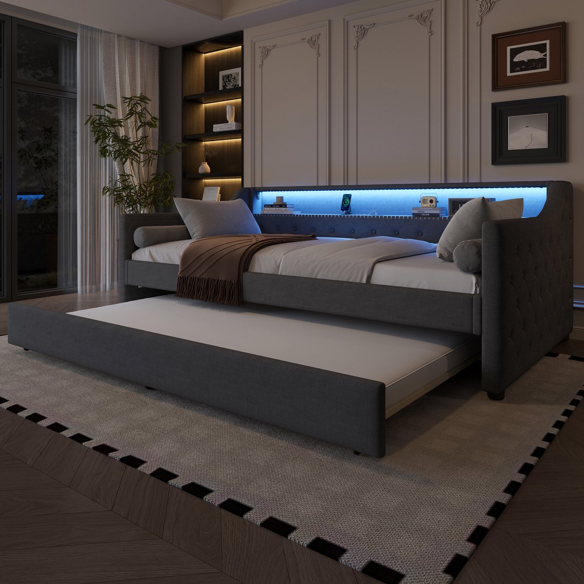 DESMIU Daybed 90 x 200 cm – Slaapbank Met Led Verlichting En Usb Aansluiting – Uitziehbed Voor Extra Slaapruimte – Linnen – Grijs – Zonder Matras