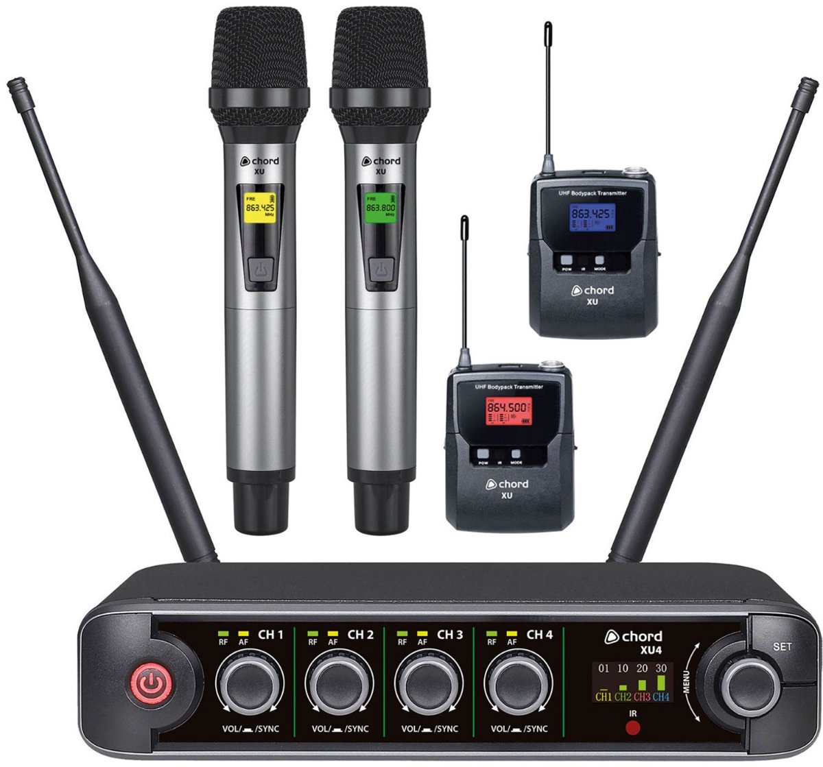 Chord XU4-C 4 kanaals UHF microfoon Systeem 2x hand 2x beltpack microfoon