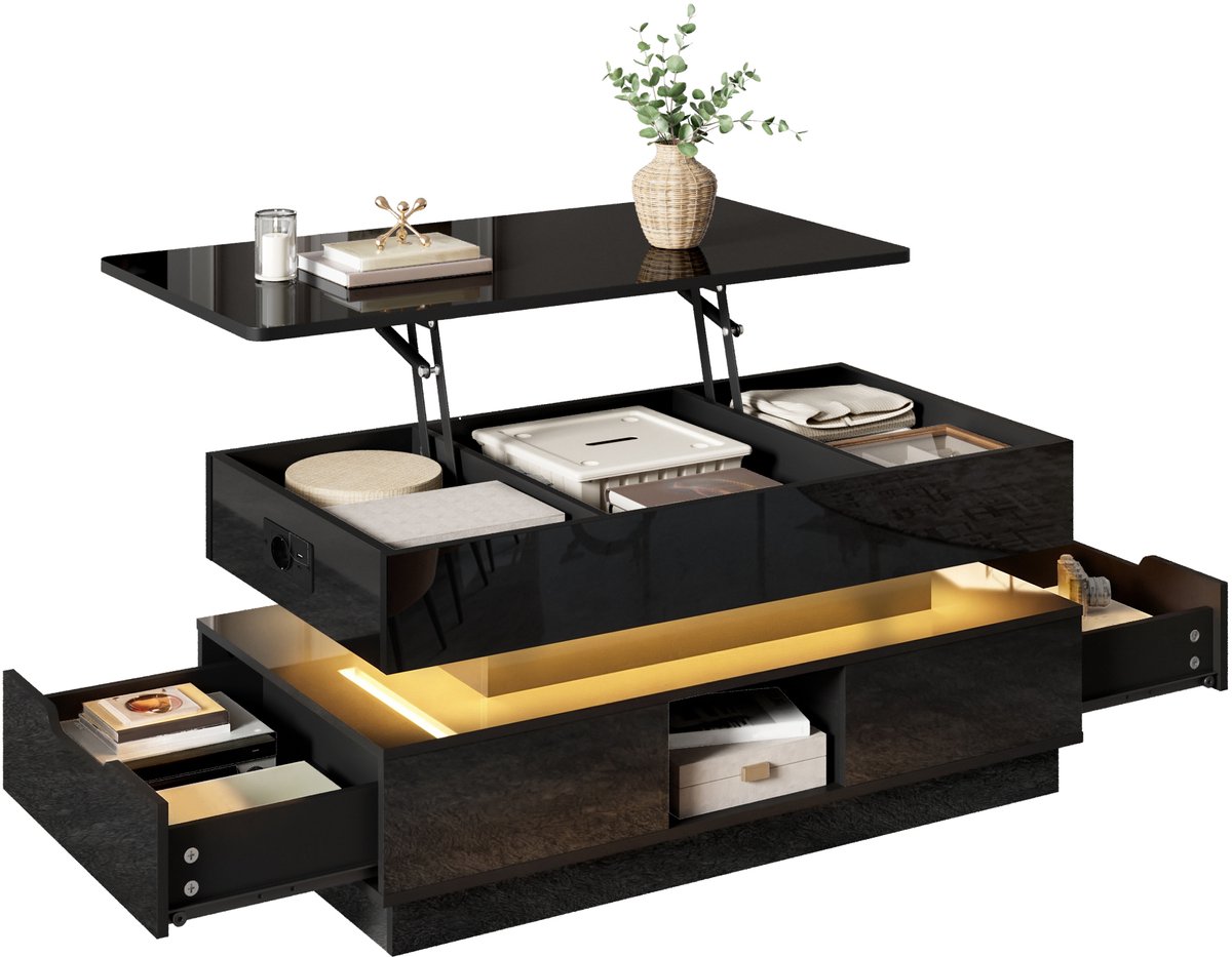Clruro Salontafel - Hoogte Verstelbaar met LED-verlichting - Stopcontact en Laden - Hoogglans MDF - Wit Zwart