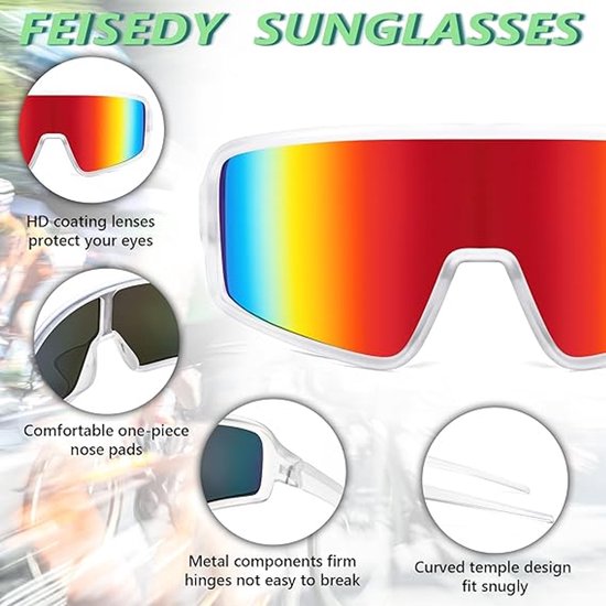Sport zonnebril - Fietsbril - Buiten sport accessoire - Omrande lens, anti-UV coating, meegeleverde zwarte ritsetui - Kunststof + reflecterende lens - 18×8×2 cm - Geschikt voor hardlopen, fietsen, vissen en honkbal - Wit — afbeelding 4
