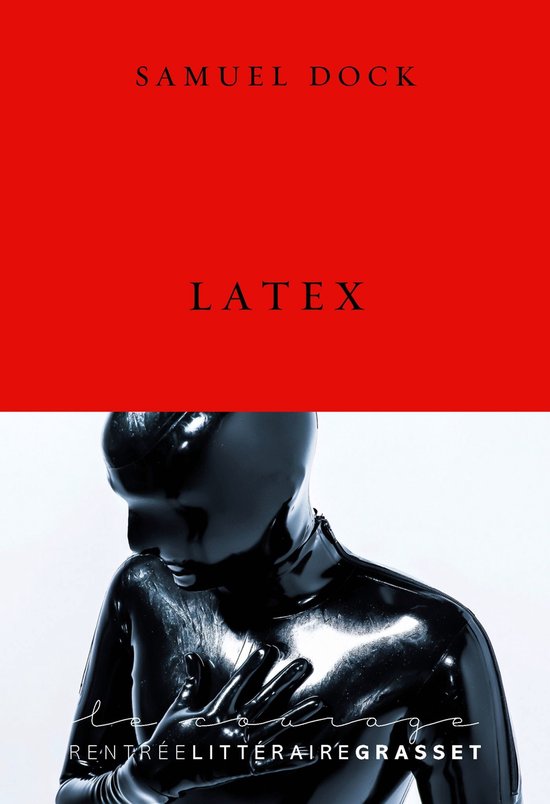Combinaison noire en latex avec capuche couvrant la tête et le cou. "SAMUEL DOCK LATEX" est écrit en rouge.
