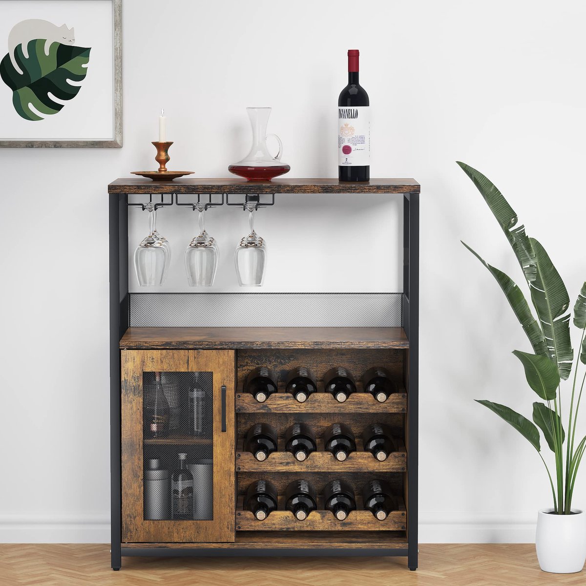 Triumpunpre Wijnkast - Vrijstaande Bar Kast met Wijnrek voor 16 Flessen, Glashouder en Mesh Deur - 72x35x90 cm - Wijnkabinet met Verstelbare Schappen - Retro Stijl Wijnmeubel voor Woonkamer, Keuken, Eetkamer – foto 4