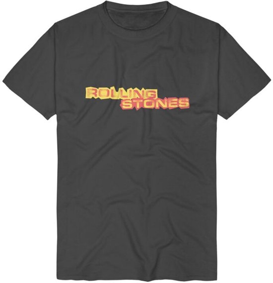 Antracietgrijs T-shirt met gele en rode 'ROLLING STONES' tekst op de borst.