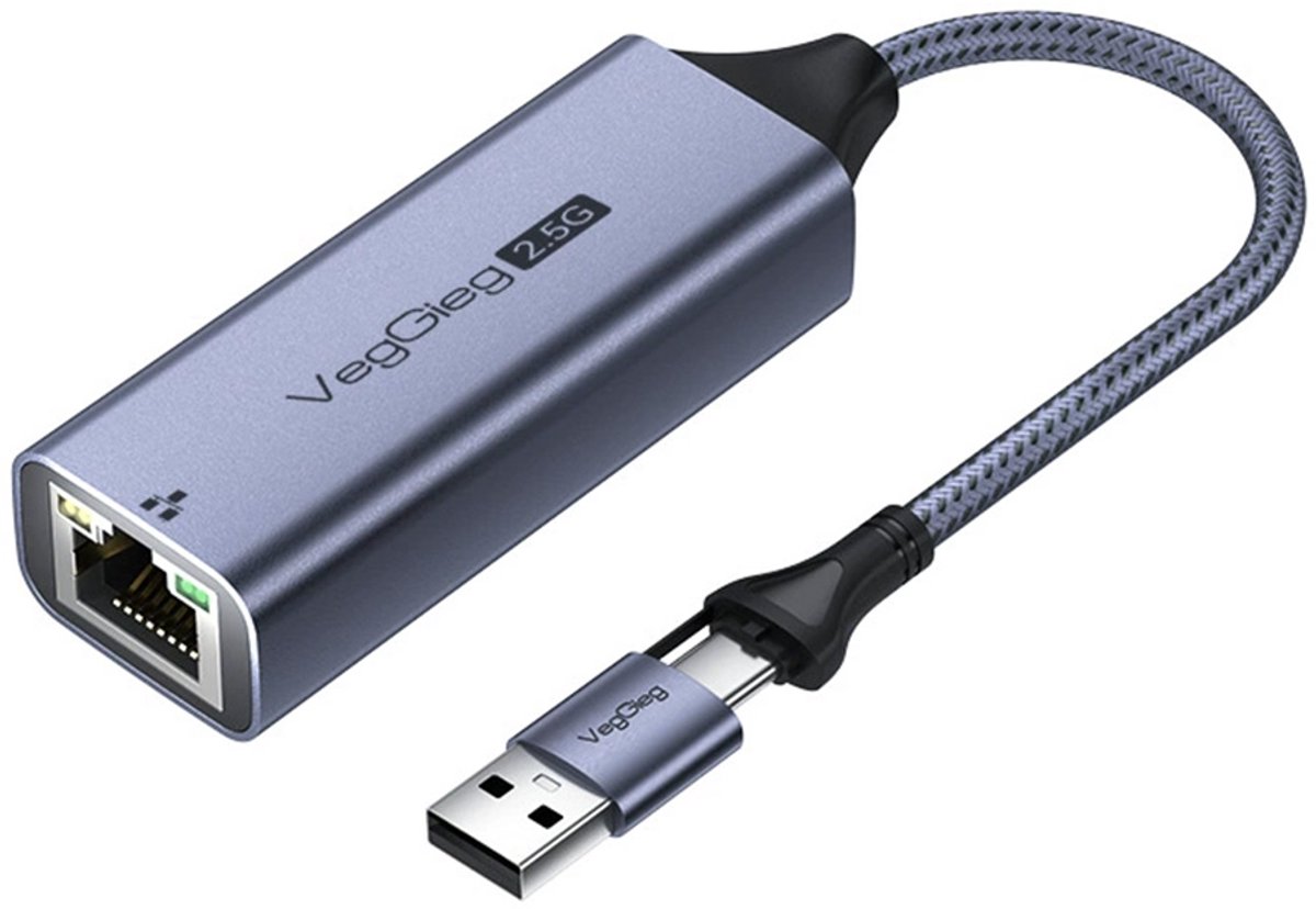 2-in-1 USB C en USB A naar Ethernet Adapter - 2.5G Gigabit Netwerkadapter - 2500 Mbps - USB 3.0 naar RJ45 - Aluminium Behuizing
