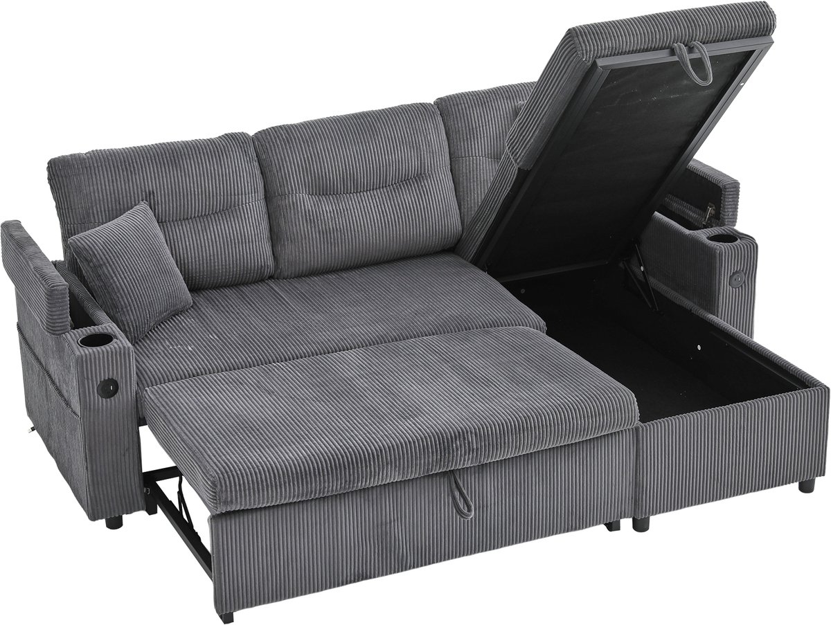 REDOM 3-Zits Slaapbank - Met Opbergruimte, Bekerhouders En USB-C - Modern - Voor Woonkamer - Cord - Koolstofgrijs - 212,5 x 136 x 86 cm Koolgrijs