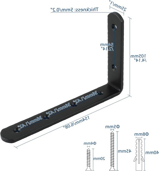4 Stuks Zwarte Stevige Hoekbeugels voor Planken - Metalen L-vormige Steun voor Muurmontage en Hangende Items, 15x10x2.5CM van Merkloos — afbeelding 5