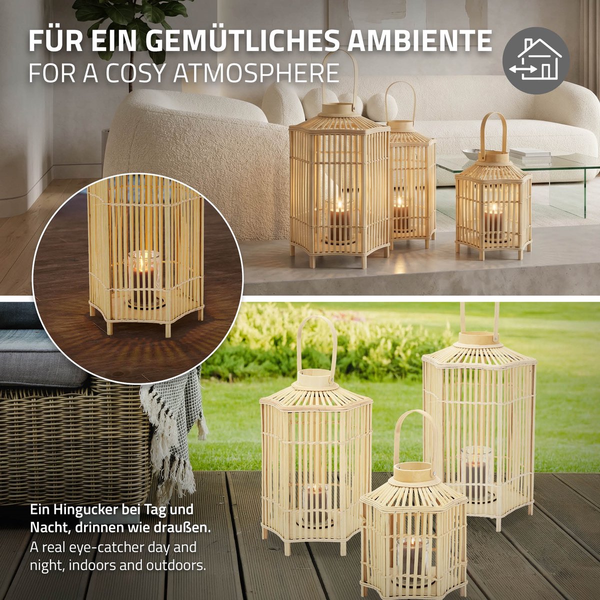 ECD Germany bamboe lantaarn, decoratieve houten windlicht serie, grote kaarsenhouder van 75 cm hoog, luxe houtlook met glas en handvat, sfeervolle boho tuinlantaarn gevlochten stijl, moderne decoratie voor binnen buiten balkon terras en woonkamer — cadeau in Wonen & Interieur - foto 4