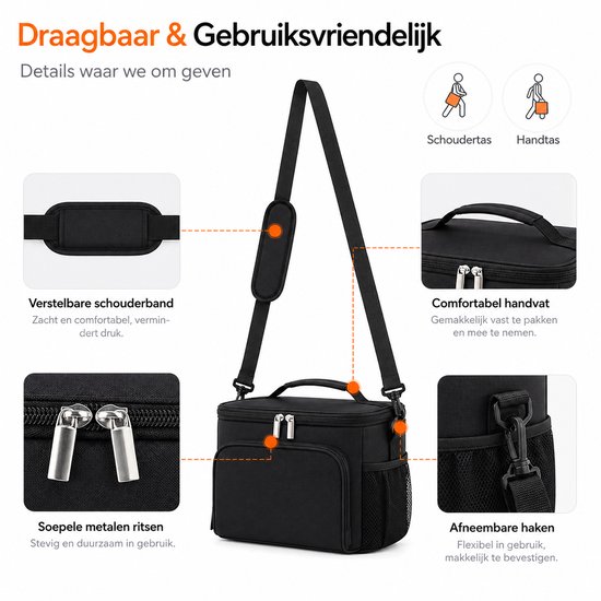 BOTC Koeltas - Lunchtas - Koeltasje - 13L - 30x19x23cm- Lunchtas voor Dames en Heren - Maat L - Zwart van BOTC — afbeelding 5