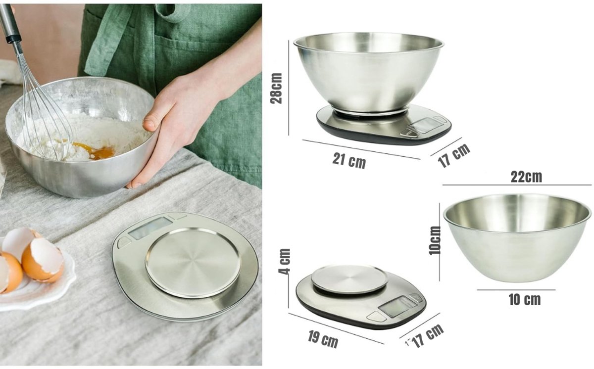 YOR® Keukenweegschaal digitaal met kom - Keukenweegschaal - Keukenweegschaal digitaal - Zilver - 20cm x 18cm x 4cm