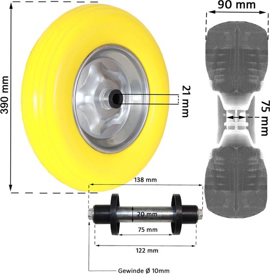 2x kruiwagenwiel lekvrij 4.80/4.00-8 met as PU stalen velg 200 kg massief rubber — afbeelding 4