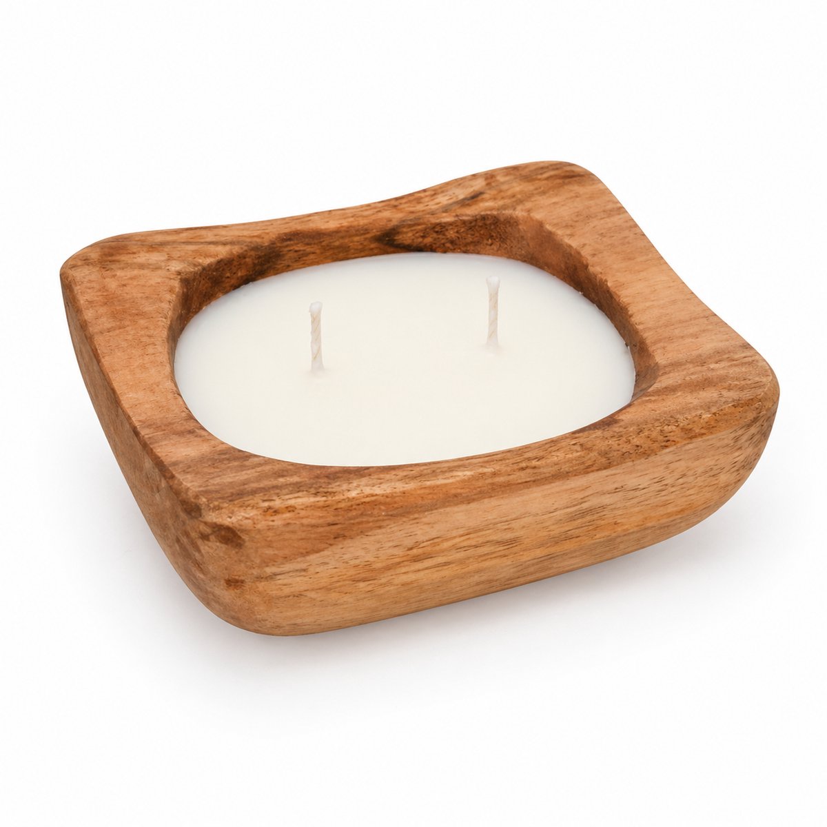 Geurkaars in Houten Kom Vierkant – 2 Lonten – Compacte Sfeerkaars 12,5 x 12,5 cm – Natuurl