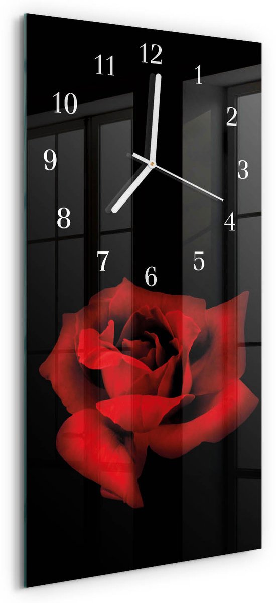 TULUP Wandklok - Roos Gekleurde Glazen Klok - 30x60 cm - Rood Glazen Klok Met Print - Witte Handen - Rechthoekige Wandklok - Moderne Wandklok Glas - Wandklok Glas Decoratie Rood - Roos
