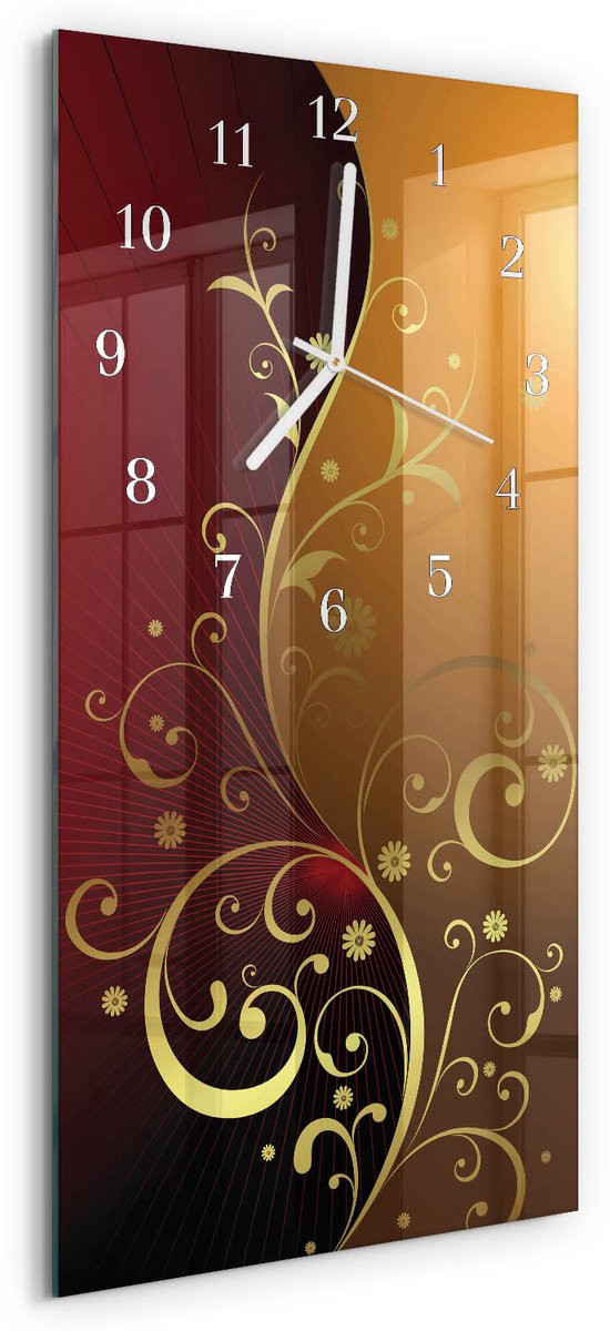 TULUP Wandklok - Abstractie Glazen Wandklok Design - 30x60 cm - Rood Klok Glas Met Opdruk - Witte Handen - Rechthoekige Wandklok - Wandklok Glas Met Motief - Decoratieve Glazen Klok Rood - Abstractie