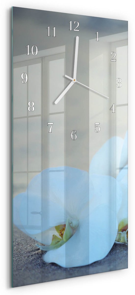 TULUP Wandklok - Orchidee Moderne Wandklok Glas - 30x60 cm - Wit Wandklok Glas Decoratie - Witte Handen - Rechthoekige Wandklok - Moderne Wandklok Glas - Wandklok Glas Decoratie Wit - Orchidee