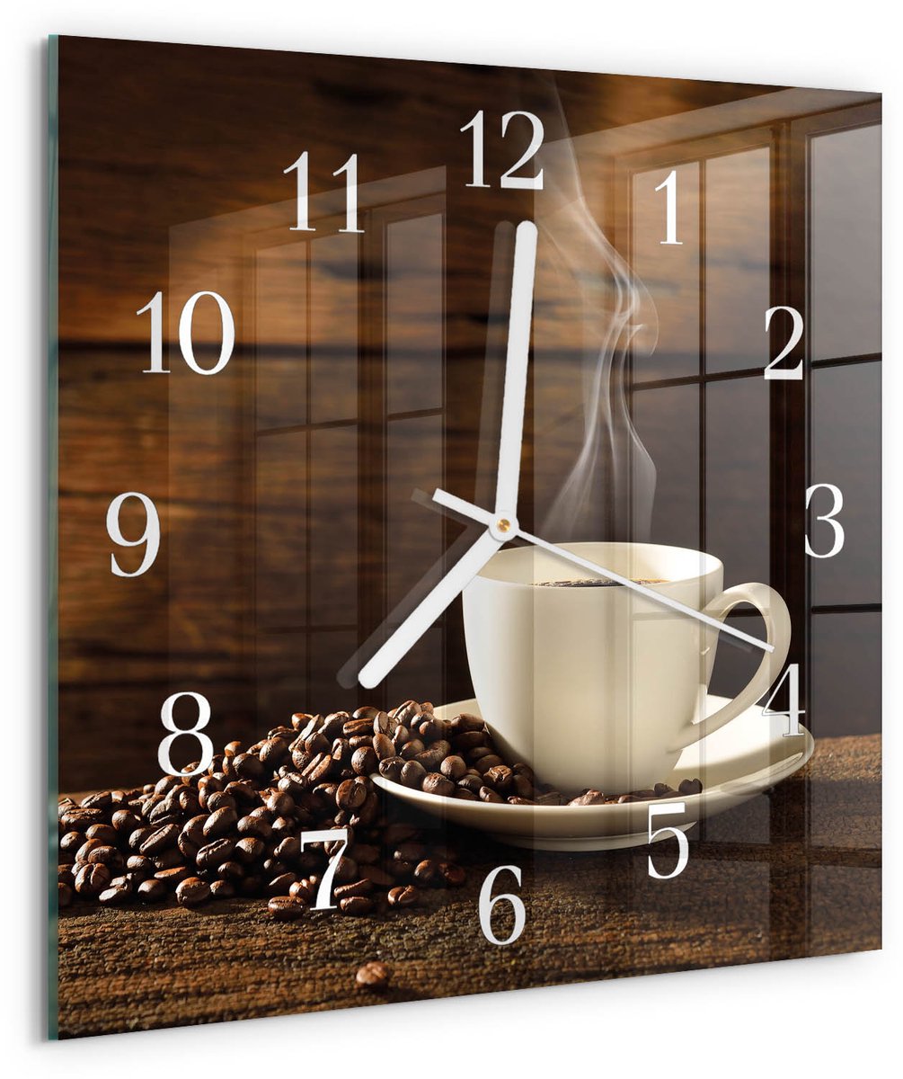 TULUP Wandklok - Koffie Klok Glas Met Opdruk - 30x30 cm - Bruin Moderne Wandklok Glas - Witte Handen - Vierkante Wandklok - Glazen Klok Met Print - Wandklok Glas Met Motief
