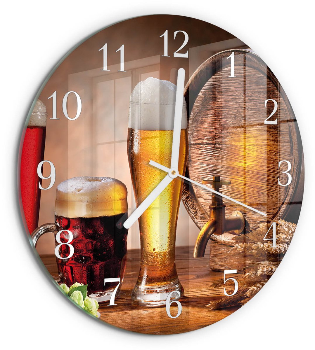 TULUP Wandklok - Biervat Moderne Glazen Wandklok - 30fi cm - Bruin Wandklok Glas Met Motief - Witte Handen - Ronde Wandklok - Klok Glas Met Opdruk - Moderne Wandklok Glas Bruin - Biervat