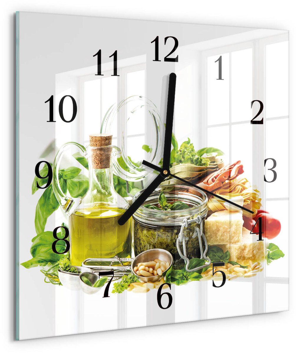 TULUP Wandklok - Pasta met olie Decoratieve Glazen Klok - 30x30 cm - Veelkleurig Glazen Wandklok Design - Zwarte Handen - Vierkante Wandklok - Gekleurde Glazen Klok - Glazen Klok Met Print Veelkleurig - Pasta met olie