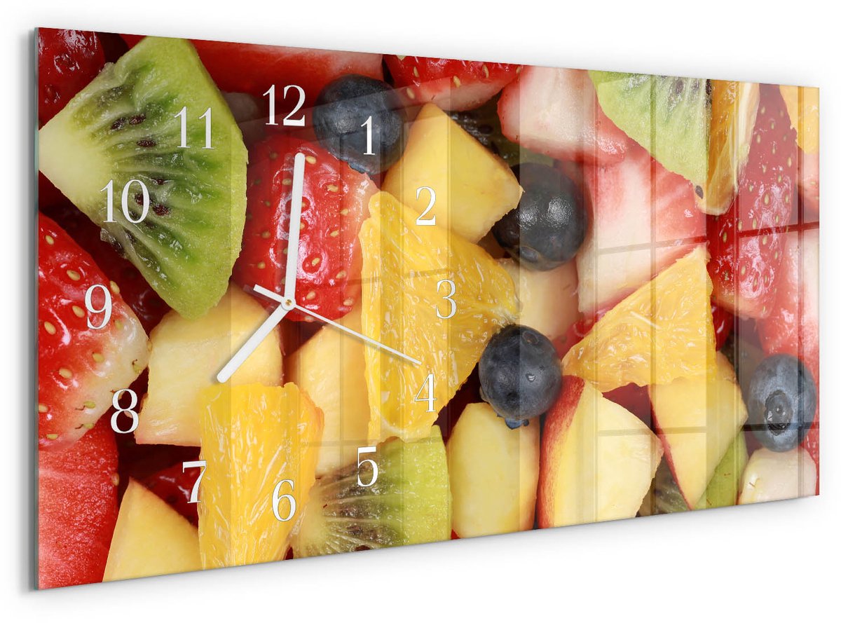 TULUP Wandklok - Fruitsalade Wandklok Glas Decoratie - 60x30 cm - Veelkleurig Gekleurde Glazen Klok - Witte Handen - Rechthoekige Wandklok - Gekleurde Glazen Klok - Glazen Klok Met Print Veelkleurig - Fruitsalade