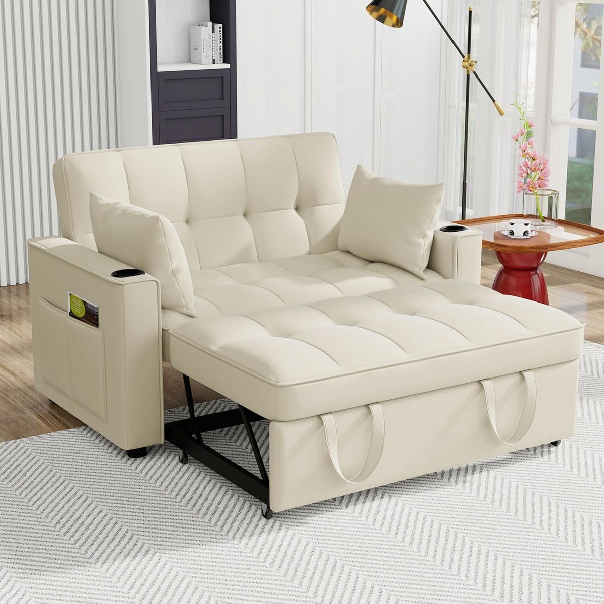 Luxe 3-in-1 Uitschuifbare Slaapbank 2-Zits met USB Oplaadfunctie, Bekerhouders en Opbergruimte – Compacte Fluwelen Slaapbank 137x163 cm / 139x73x83 cm Beige