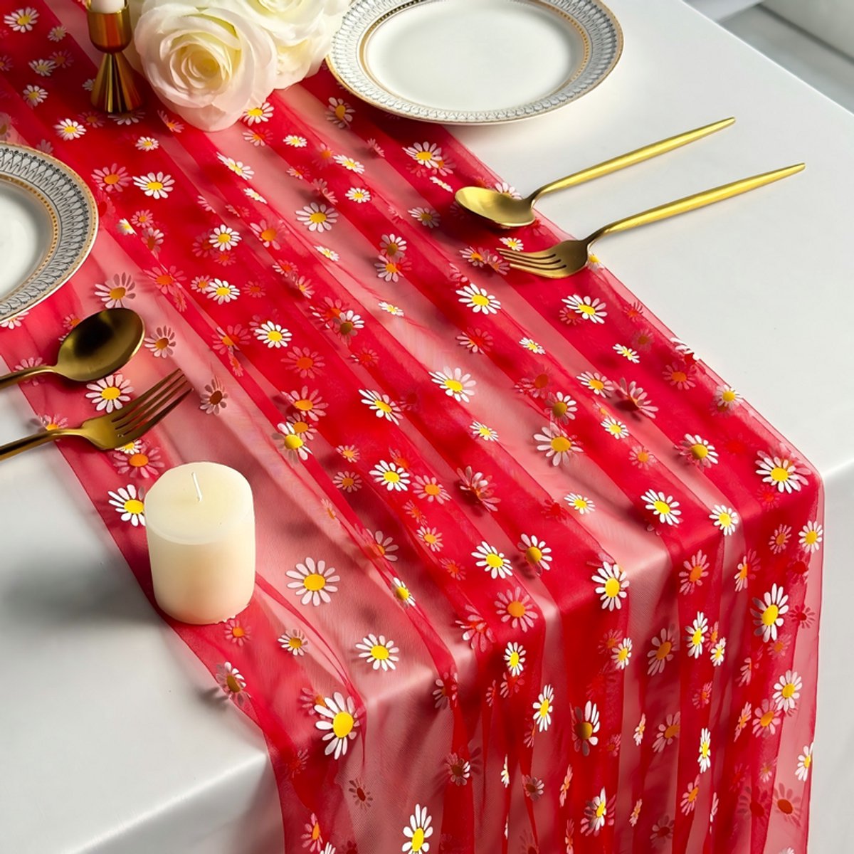 Tafelloper — Maat M — 75 x 300 cm — Tafellinnen — Transparante mesh & tule — Bloemenpatroon (madeliefjes) — Ideaal voor bruiloften & banketten — Geschikt voor familiebijeenkomsten, feestdagen en verjaardagsfeestjes — Transparante gaas-tafeldecoratie