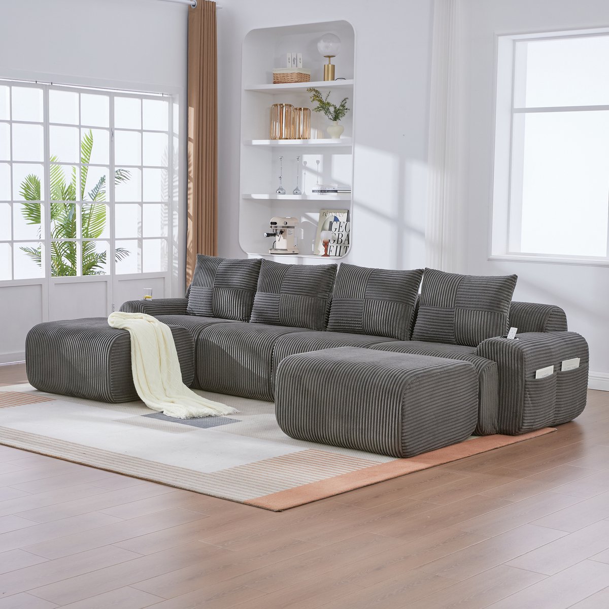 REDOM Modulaire 4-Zitsbank Met Bekerhouder En Opbergvak - Modern - Voor Woonkamer - Ribstof - Donkergrijs - 333 x 174 x 80 cm