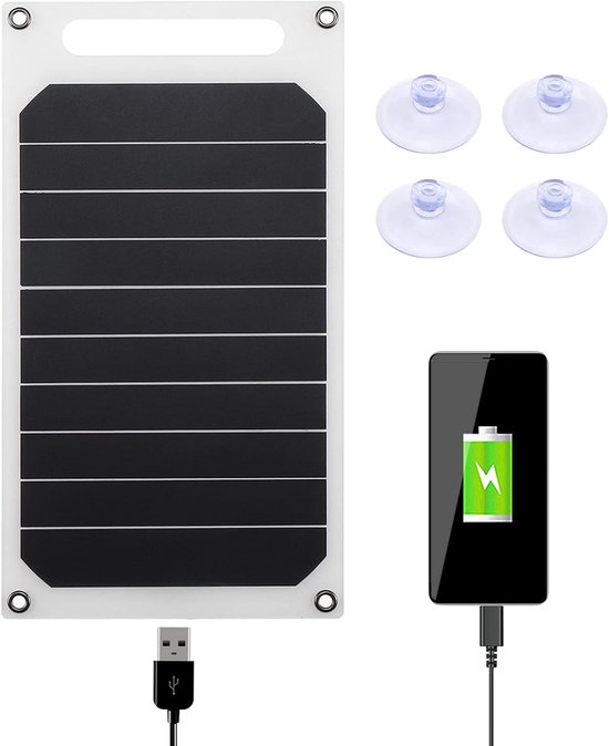 Zonnepaneel met USB-kabel, vier zuignappen en een smartphone met batterij-icoon.