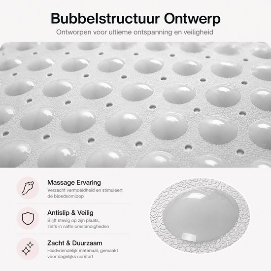 Close-up van grijze antislip douchemat met ronde noppen.