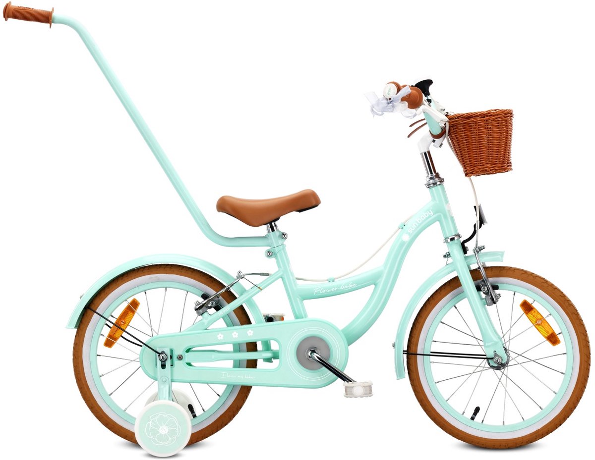 Sun Baby Kinderfiets 16 Inch FLOWER BIKE Retro Fiets voor Meisje 4-6 Jaar Max 50 kg V-brakes zijwielen bel reflectoren stalen frame verstelbaar Mint