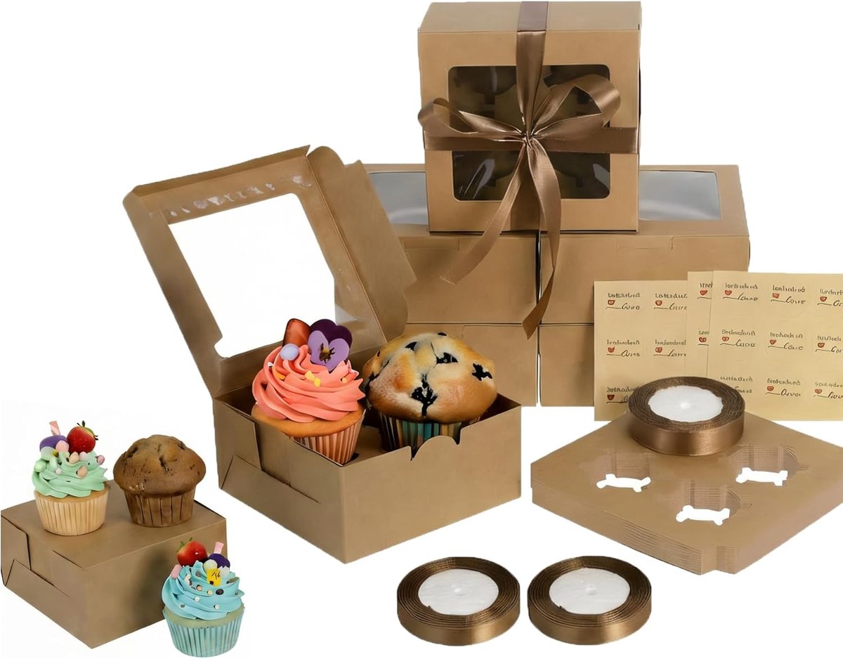 Cupcakedoosje - 40 x 30 x 40 mm - 4 gaten - Bruin - Met Tray en Venster - Gebaksdoos - Perfect Voor Cupcakes, Desserts en Meer - 30 stuks - Cupcakedozen - van Imperatoris