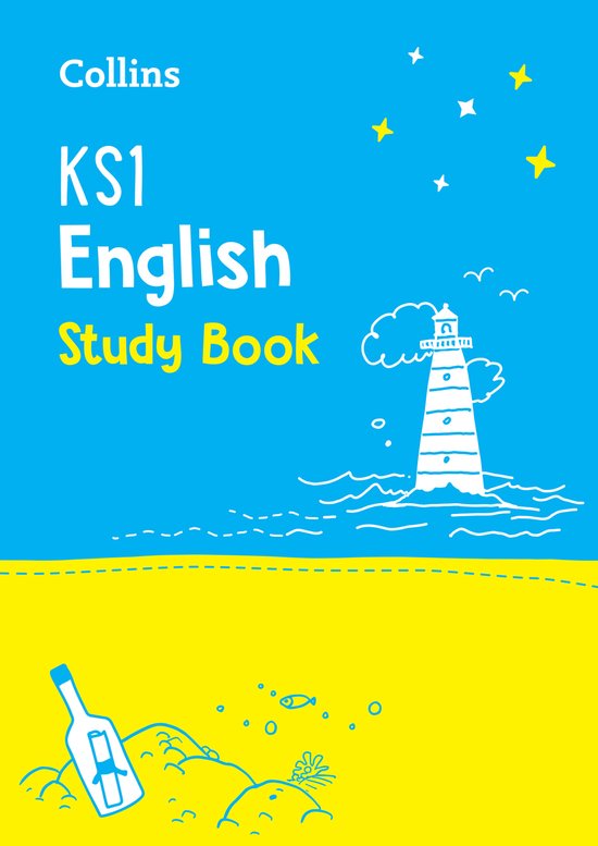 Voorpagina van 'Collins KS1 English Study Book' met strand en vuurtoren illustraties.