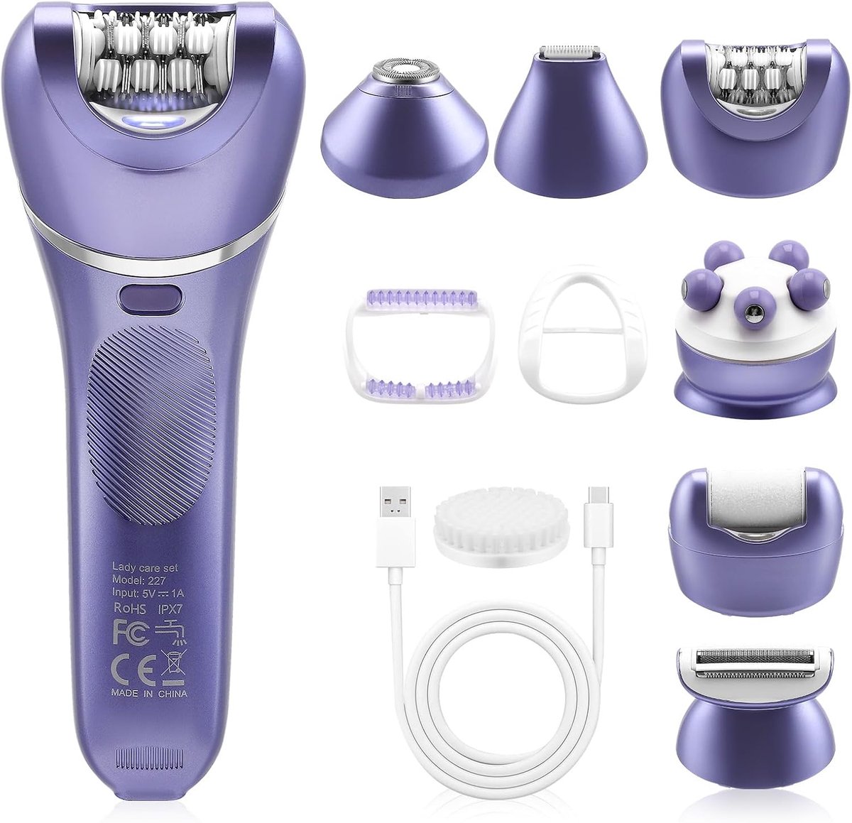 7-in-1 epileerset voor dames, draadloze natte en droge epilator met ledlicht, gezichts- en lichaamepilator, IPX7 waterdicht, 90 minuten looptijd