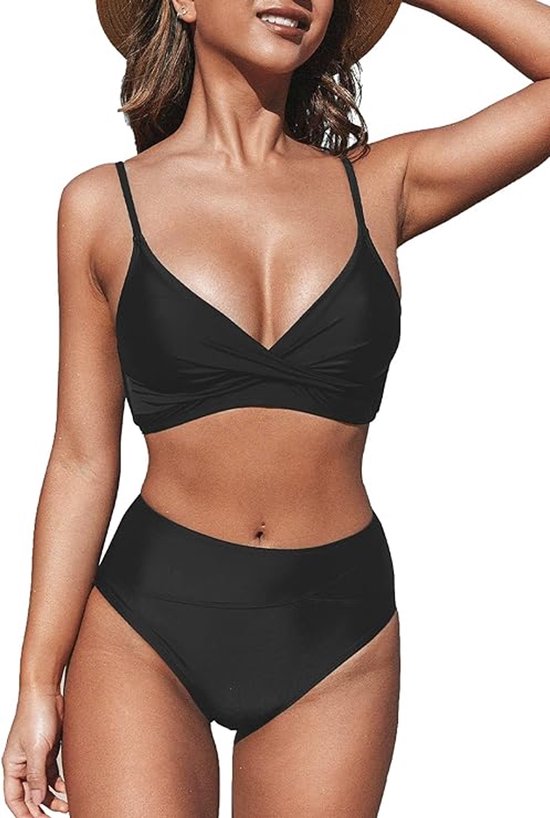 Ensemble de bikini femme taille haute - Bikini col en V avec design torsadé et croisé - Ventre plat - Bretelles réglables - Taille XL - Noir