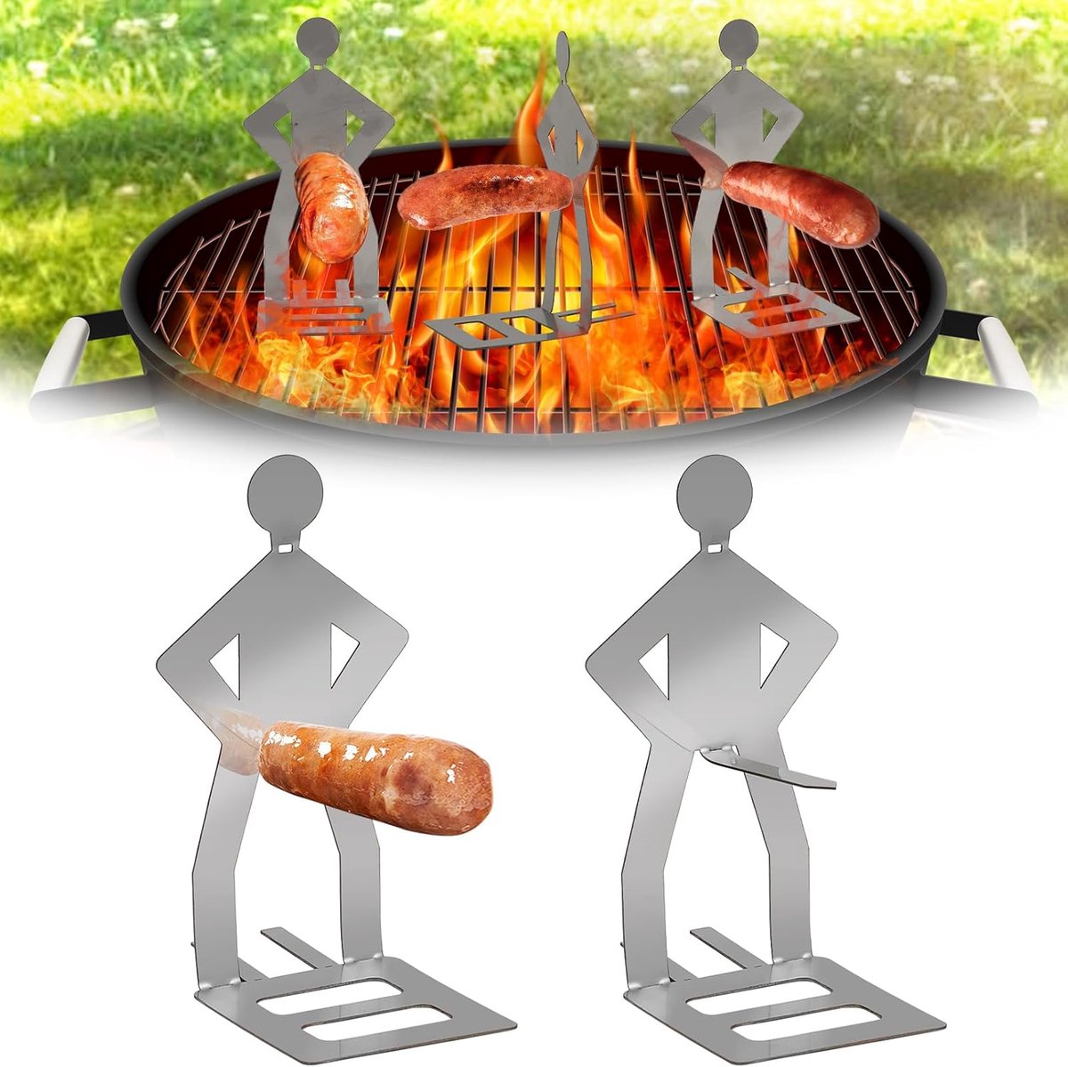 carmdering - Grillwurstständer - Grillwürstchenhalter - Grillaccessoire - Uniek Humanoïd Ontwerp - Draagbaar Voor Outdoor Gebruik - Roestvrij Staal - Hittebestendig En Duurzaam - Ideaal Voor Feesten En Camping - 2 Stuks