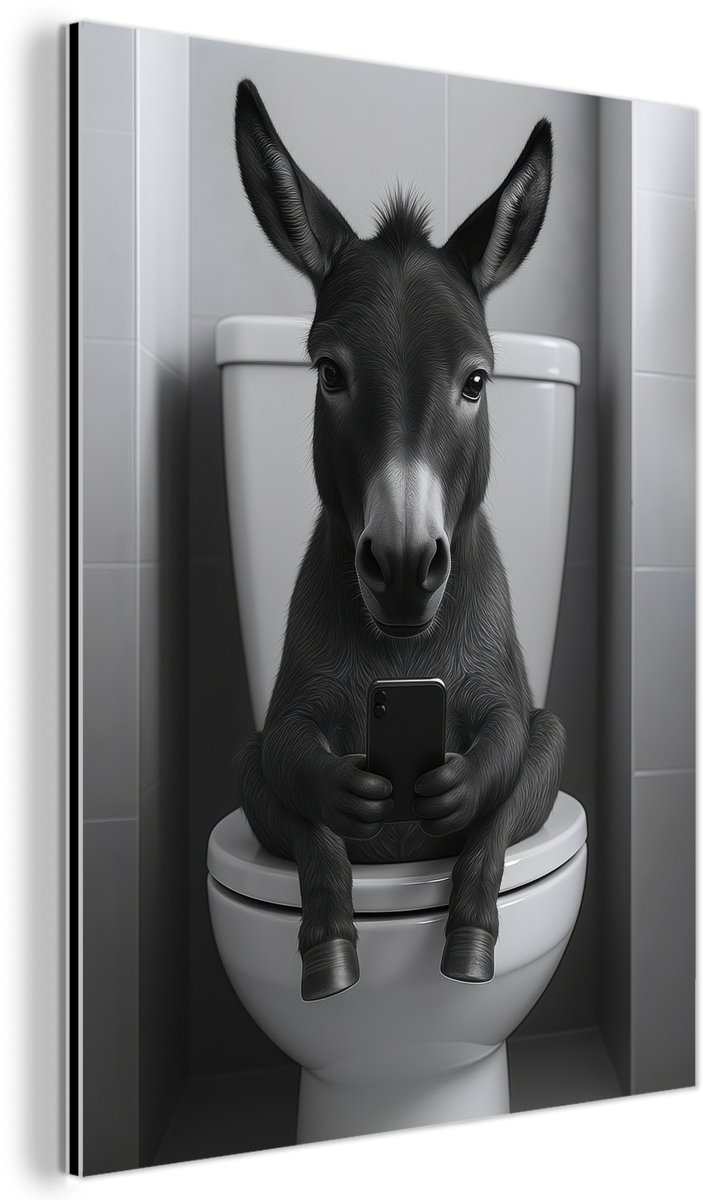 Aluminium schilderij 60x80 cm - Wanddecoratie metaal - Ezel - Telefoon - Toilet - Zwart -