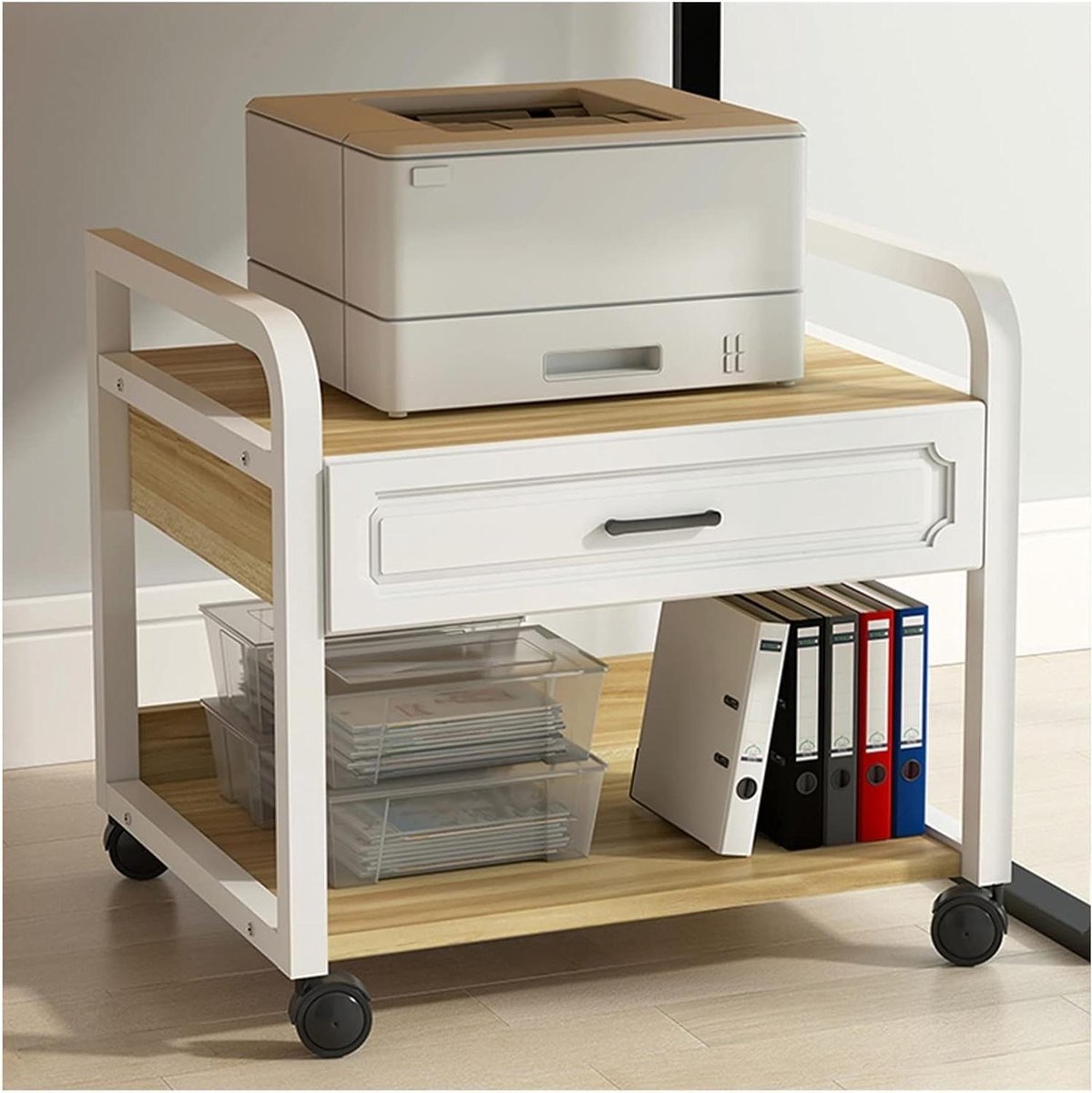 Printerkar met Opslag - Bureau Organiser - Thuiswerkplek Inrichten - Drie Lagen - 50x40x52 cm - Wit en Hout