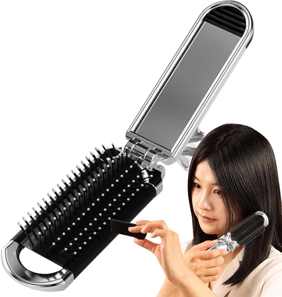 Reisborstel - Opvouwbare borstel - Haarstyling onderweg - Met spiegel - 11 cm gevouwen - Zilver