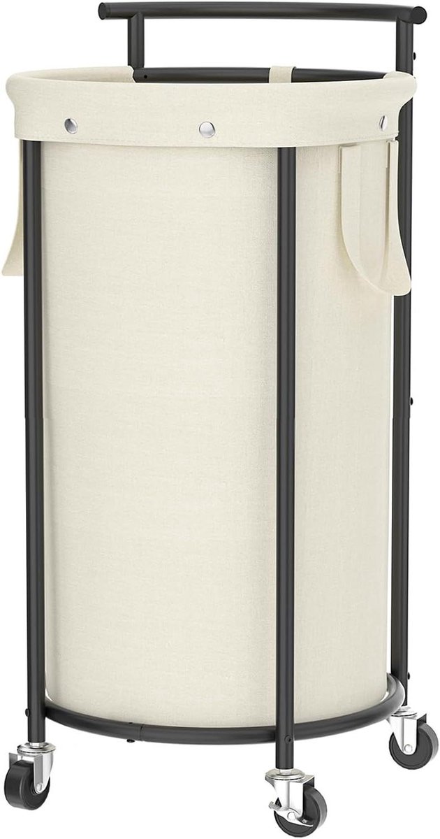 Wasmand met wielen Kledingmand rolbaar Kleding sorteren Afneembare tas 110 Liter capaciteit Beige