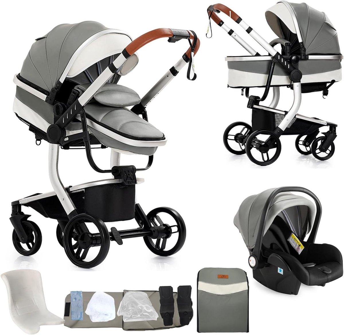 3-in-1 Kinderwagen - Reiswieg Duowagen - Baby Vervoer - Dubbele Duwstand - 83 x 62 x 106 cm - Grijs