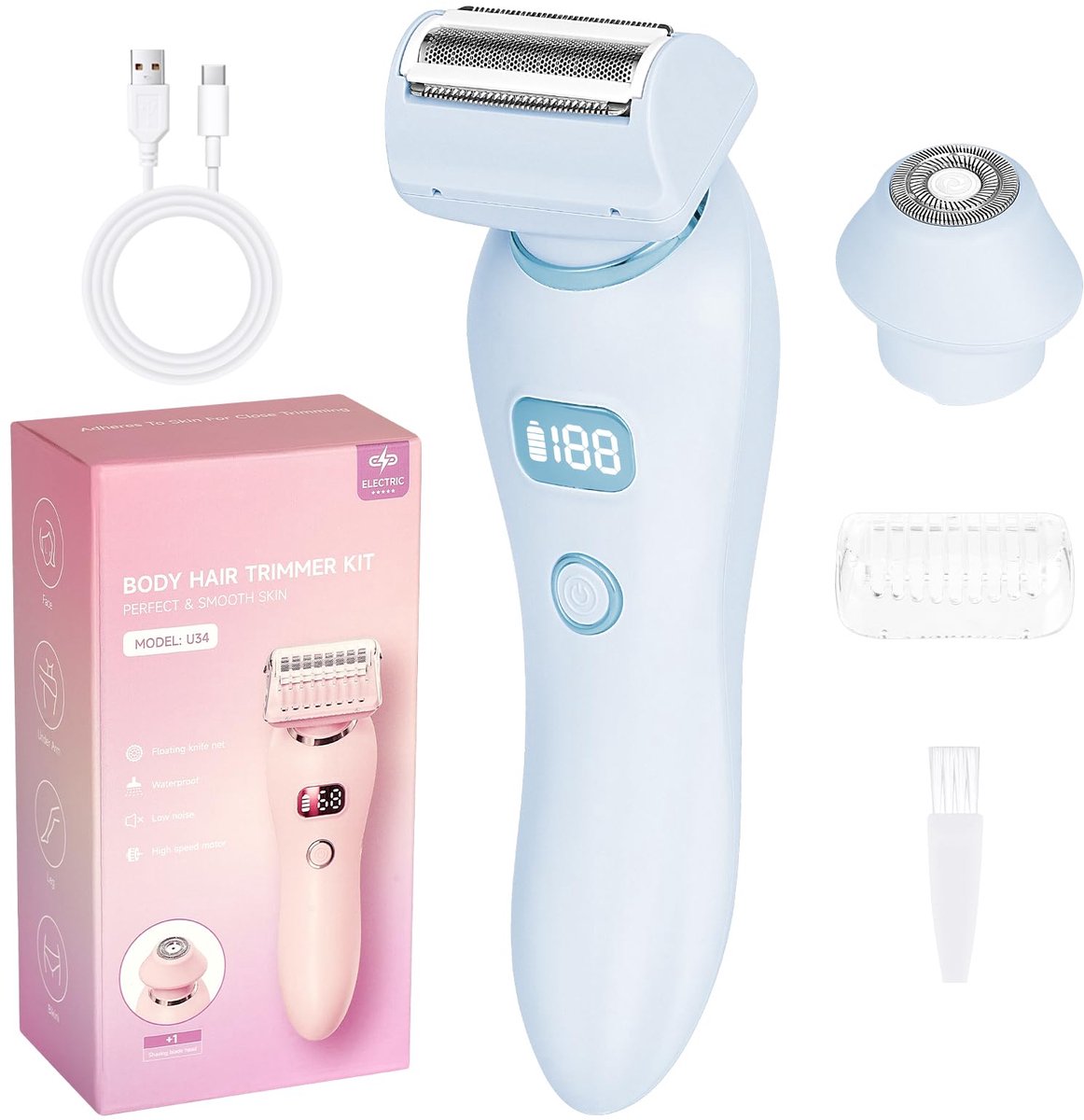 carmdering - Dames Trimmer - Elektrische Trimmer - Bikini Trimmer - Blauw, 3 zwevende messen, anti-allergisch - IPX7 waterdicht, oplaadbaar (2 uur = 80 min) - Voor bikinilijn, gezicht, oksels en benen - Incl. opbergtas en USB-kabel