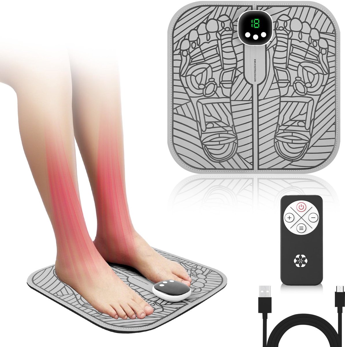 carmdering - Voetmassageapparaat - EMS Voetmassage - Elektrische Voetmassage - 8 modi, 19 intensiteiten, draadloze afstandsbediening - Stil, opvouwbaar, oplaadbaar (1 uur = 300 min) - 20 min auto-off - Voor pijnverlichting, vermoeidheid