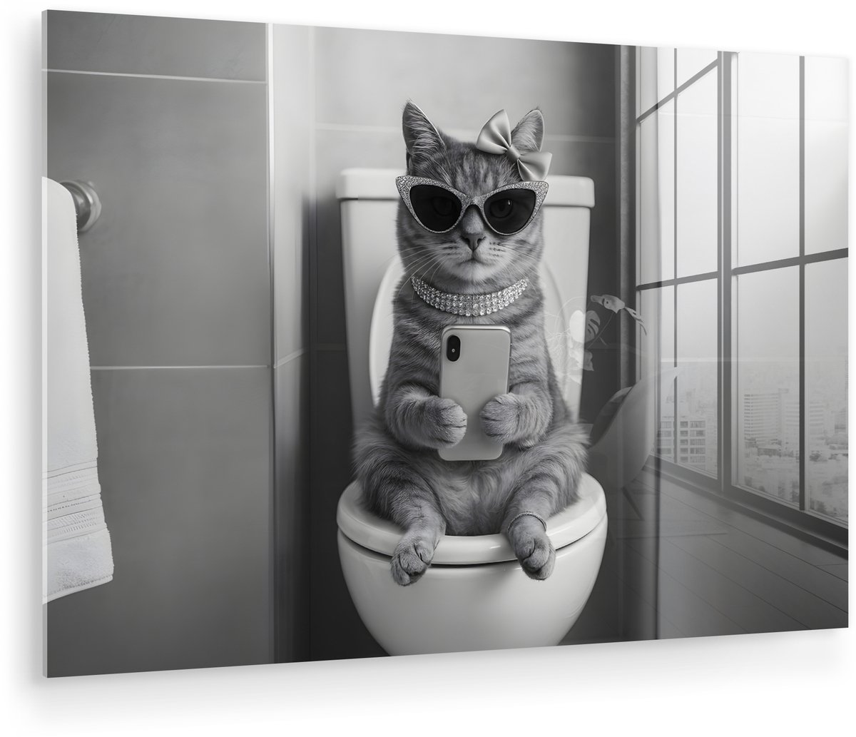 MuchoWow® Glasschilderij 90x60 cm - Schilderij acrylglas - Kat - Telefoon - Toilet - Zwart