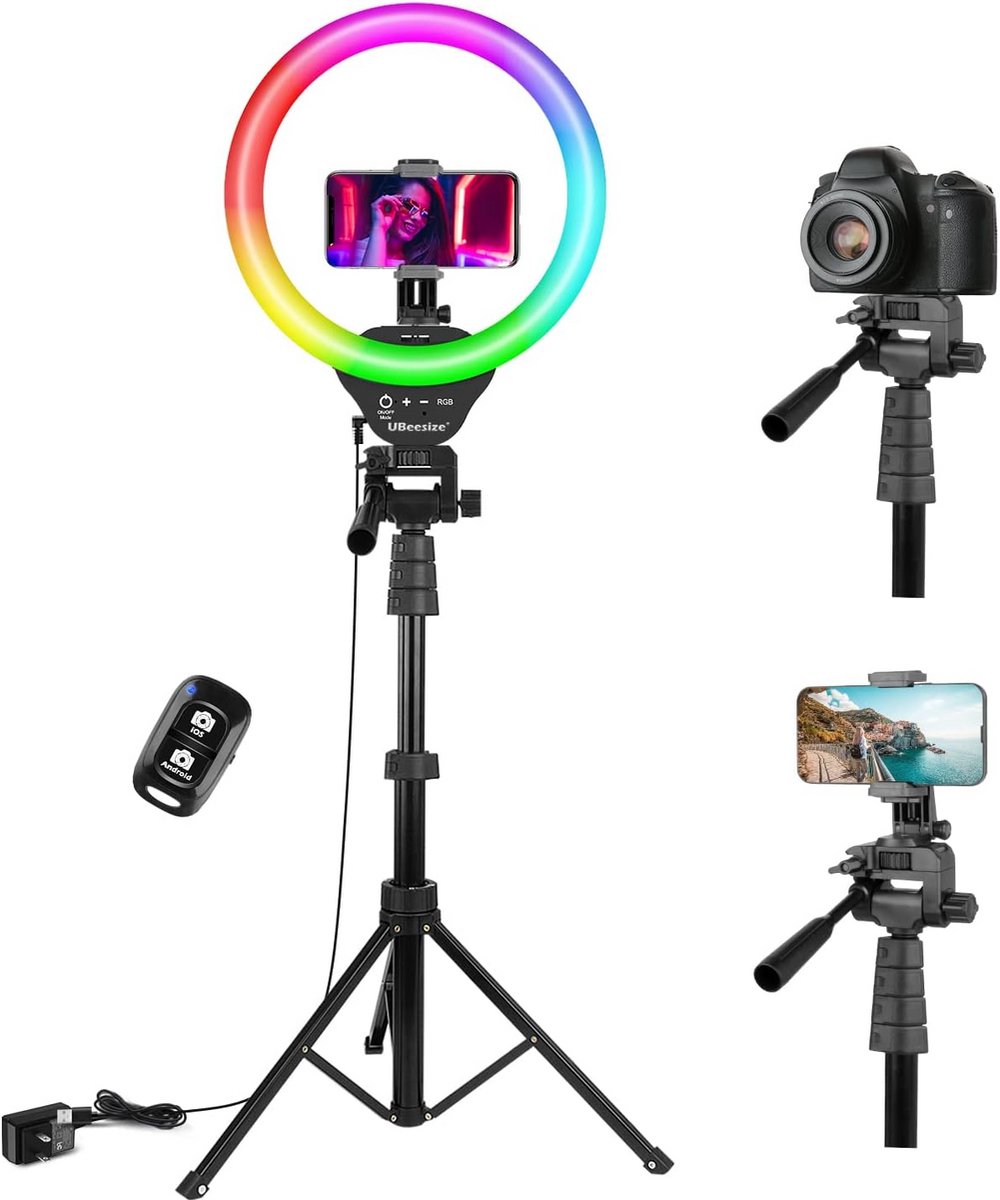 Ringlamp met Statief - Selfie Lamp - Content Creëren - Instelbare Kleurtemperatuur - 170 cm - RGB